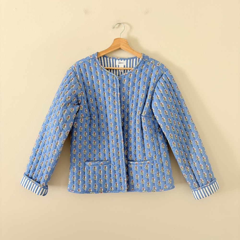 Japna Jacket Quilted Small Blue Floral Block Print Cotton Hook Eye Stripe Lining